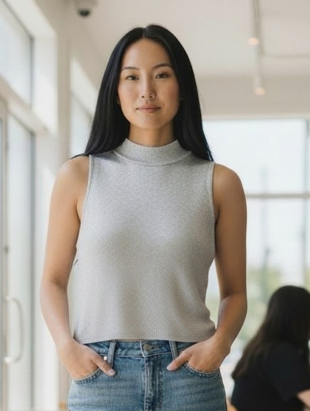 Mango Silver Metallic Mock Neck Sleeveless Tank